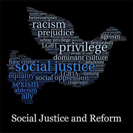 wordcloud in shape of a dove with social justice words and terms